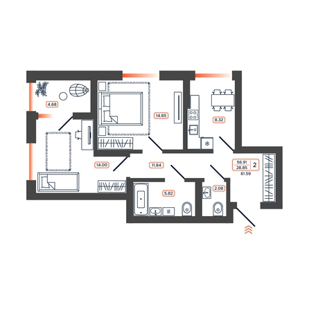 Планировка 2-комн 61,59 м²