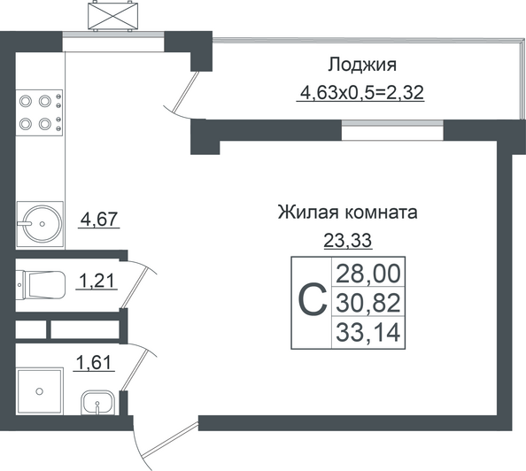 Планировка Студия 33,14 м²