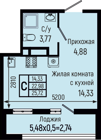 Планировка Студия 25,72 м²