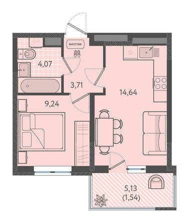 Планировка 1-комн 32,89 - 33,29 м²