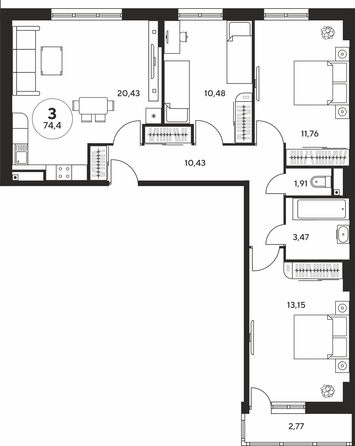 Планировка 3-комн 73,91 - 74,28 м²