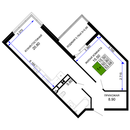 Планировка 1-комн 53,68 м²