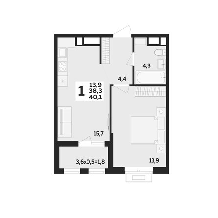 Планировка 1-комн 40,1 м²