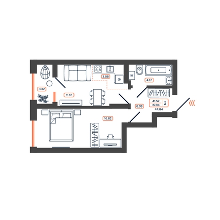 Планировка 2-комн 44,48 - 45,1 м²