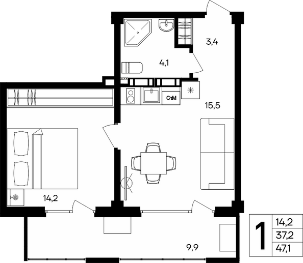 Планировка Апартамент 47,1 м²