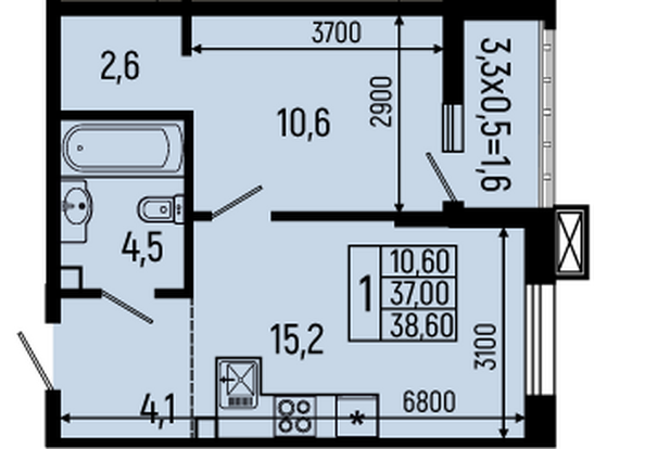 Планировка 1-комн 37,9, 38,6 м²