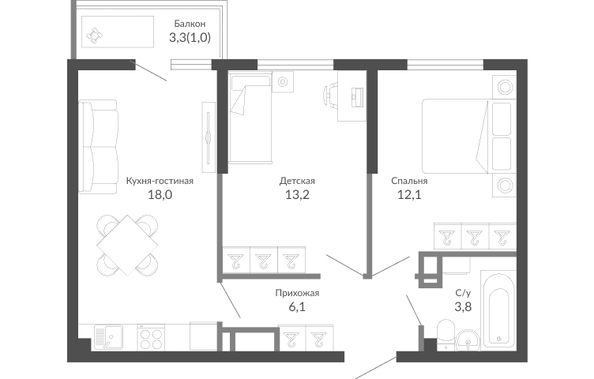 Планировка 2-комн 54,2 м²