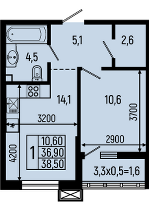 Планировка 1-комн 38,5 м²