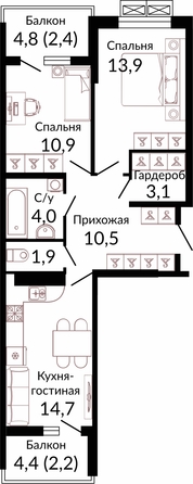 Планировка 2-комн 63,6 м²