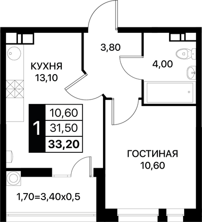 Планировка 1-комн 33,2 м²