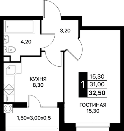 Планировка 1-комн 32,5 м²