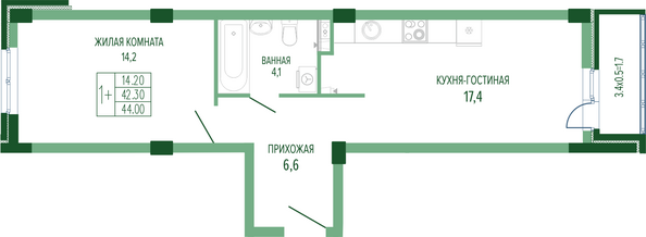 Планировка 1-комн 44 м²