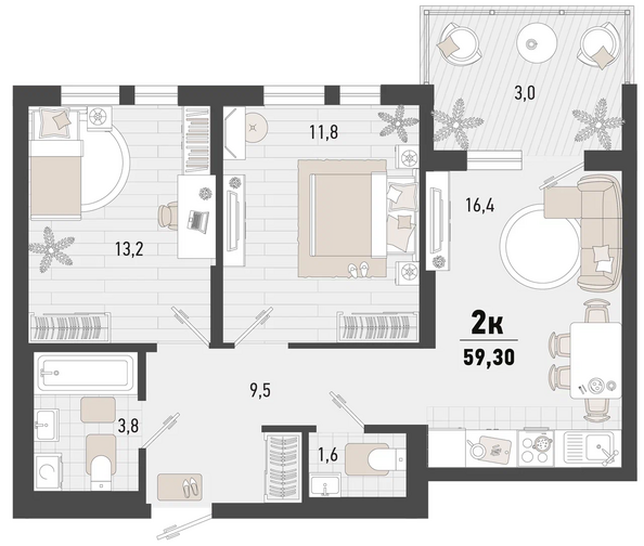 Планировка 2-комн 59,3 м²