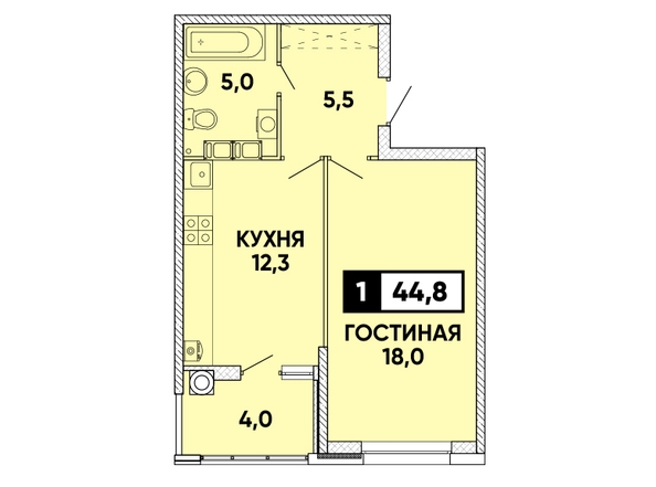 Планировка 1-комн 44,8 м²