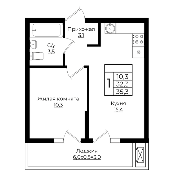 Планировка 1-комн 35,3 м²