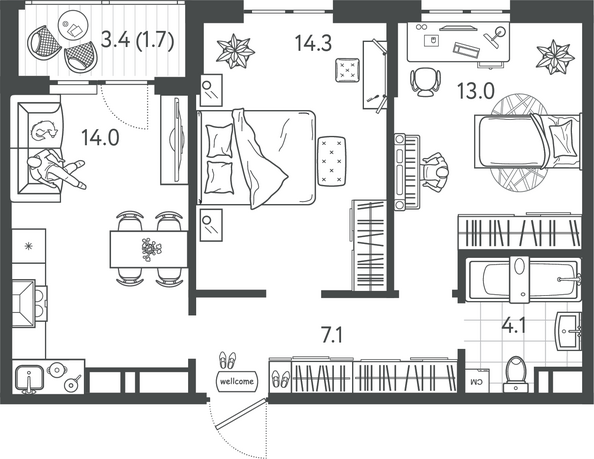 Планировка 2-комн 54,2 м²