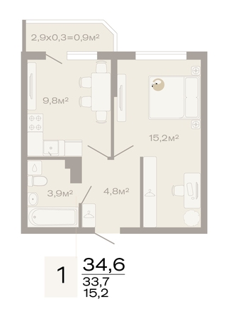 Планировка 1-комн 34,6 м²