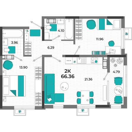 Планировка 2-комн 66,36 м²