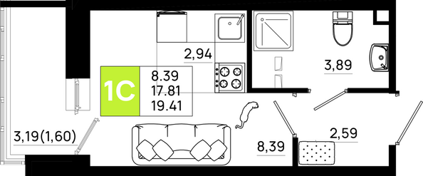 Планировка Студия 19,41 м²