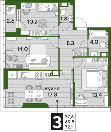 Планировка 3-комн 72,1 м²