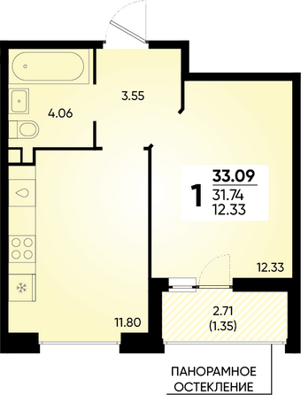 Планировка 1-комн 33,09 м²