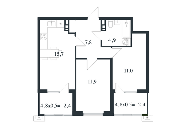 Планировка 2-комн 56,1, 56,4 м²