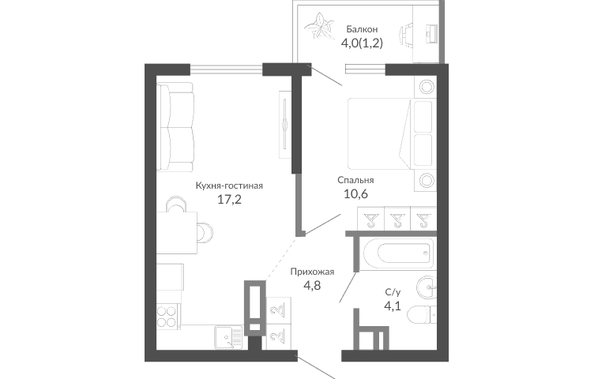 Планировка 1-комн 37,9 м²