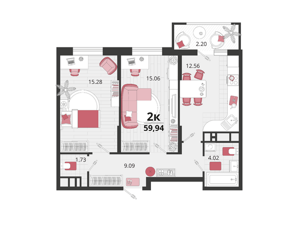 Планировка 2-комн 59,94 м²