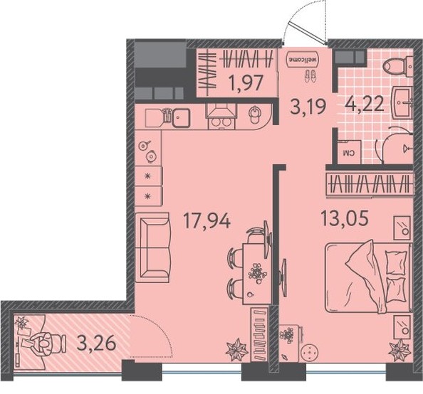 Планировка 1-комн 42 м²