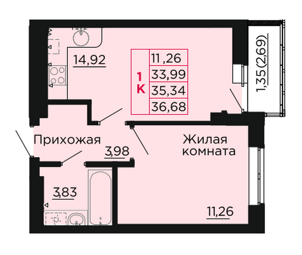 Планировка 1-комн 35,34 м²