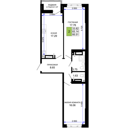 Планировка 2-комн 66,51 м²