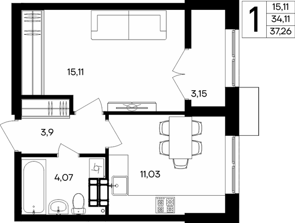 Планировка 1-комн 37,26 м²