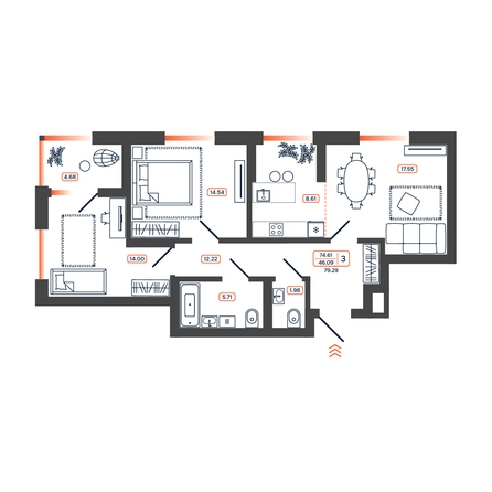 Планировка 3-комн 79,29 - 79,82 м²