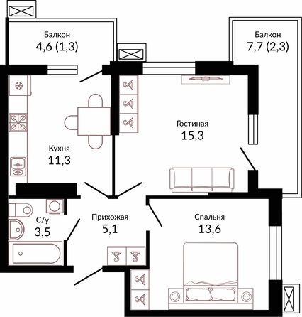 Планировка 2-комн 52,5 м²