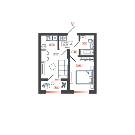 Планировка 2-комн 38,44, 38,47 м²