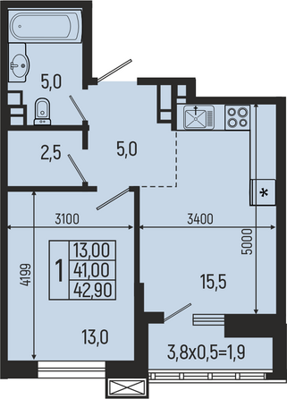 Планировка 1-комн 42,5 - 45,7 м²