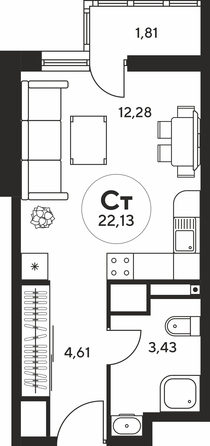 Планировка Студия 22 - 22,38 м²