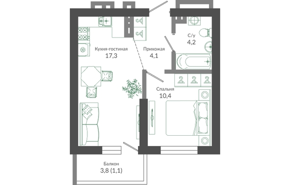 Планировка 1-комн 37,1 м²