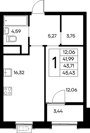 Планировка 1-комн 45,43 м²