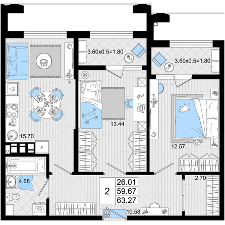 Планировка 2-комн 63,27 м²