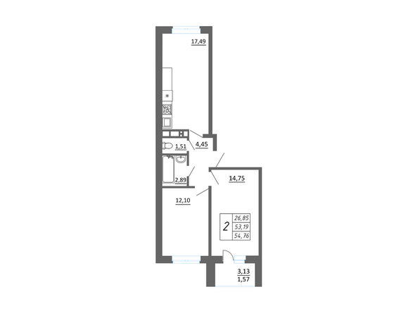 Планировка 2-комн 54,76 м²