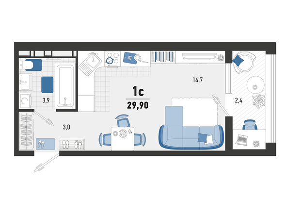 Планировка 1-комн 29,9 м²