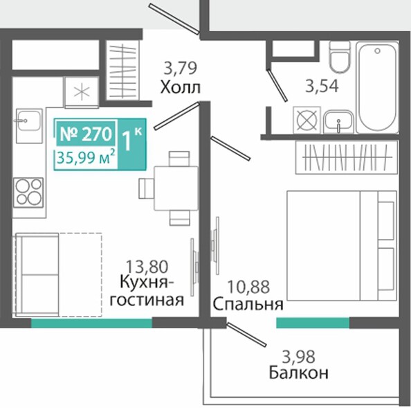 Планировка 1-комн 35,99 м²
