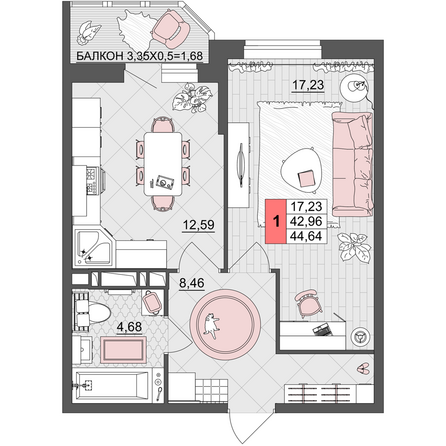 Планировка 1-комн 44,64 м²