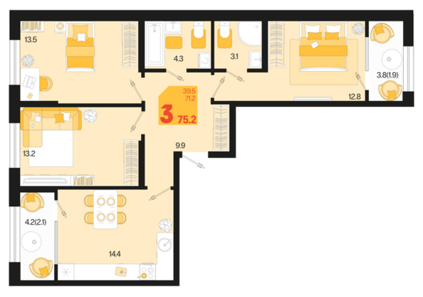 Планировка 2-комн 75,2 м²