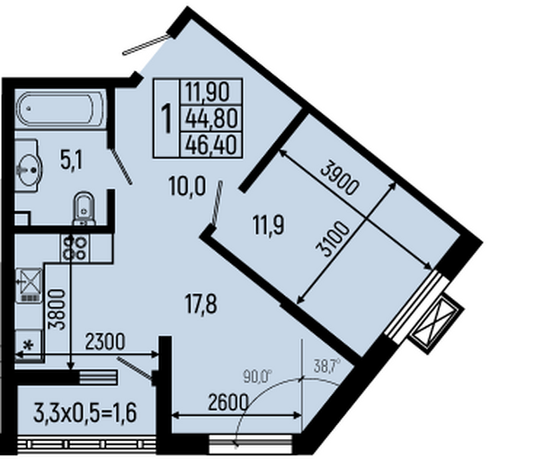 Планировка 1-комн 45,9, 46,4 м²