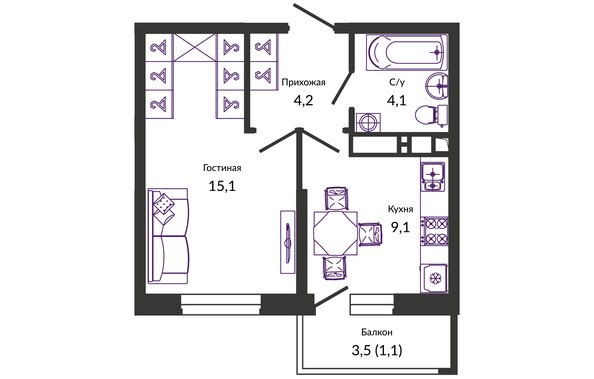 Планировка 1-комн 33,6 м²