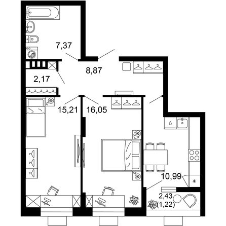 Планировка 2-комн 61,87 м²