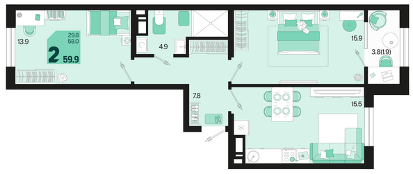 Планировка 2-комн 59,9, 60,8 м²