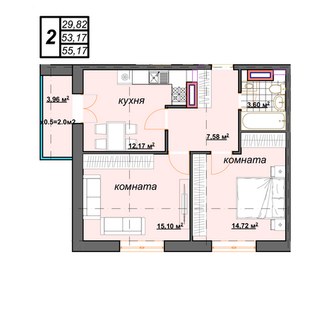Планировка 2-комн 55,17 м²